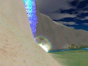 a dynamic waterfall with mist and a rainbow at the bottom.