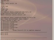 A terminal window illustrating the canonical 'hello world'.