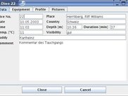 Detail window, Tab with dive data