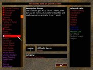 character generation: trait selection screen