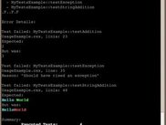Red! 3 tests are failing, so it shows the reason and locatio
