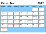 Calendar page for December 2012, using Bitstream Vera fonts.