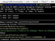 A simple hello world program and its colorized debug output.