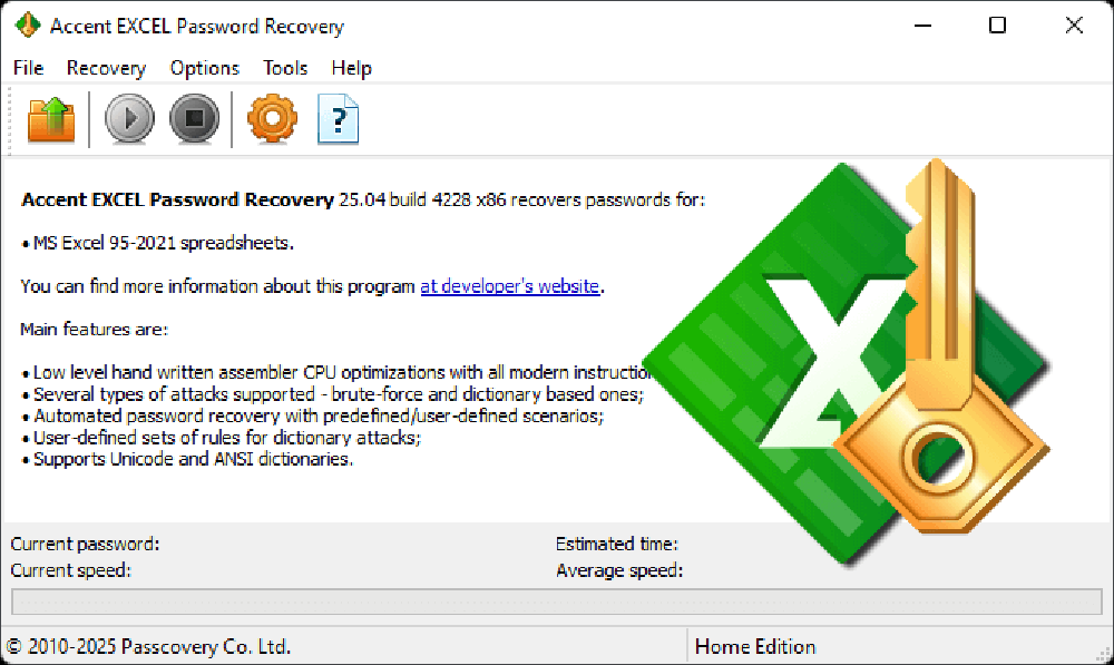 Accent EXCEL Password Recovery interface — password recovery settings and attack options