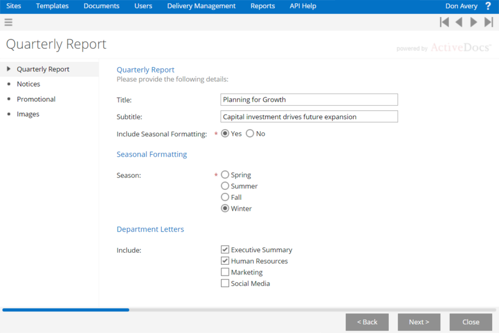 ActiveDocs Document Wizard - the user completes the questionnaire.