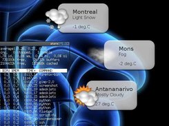 Three weather desklets in action: 0% CPU usage, 20 MB of RAM