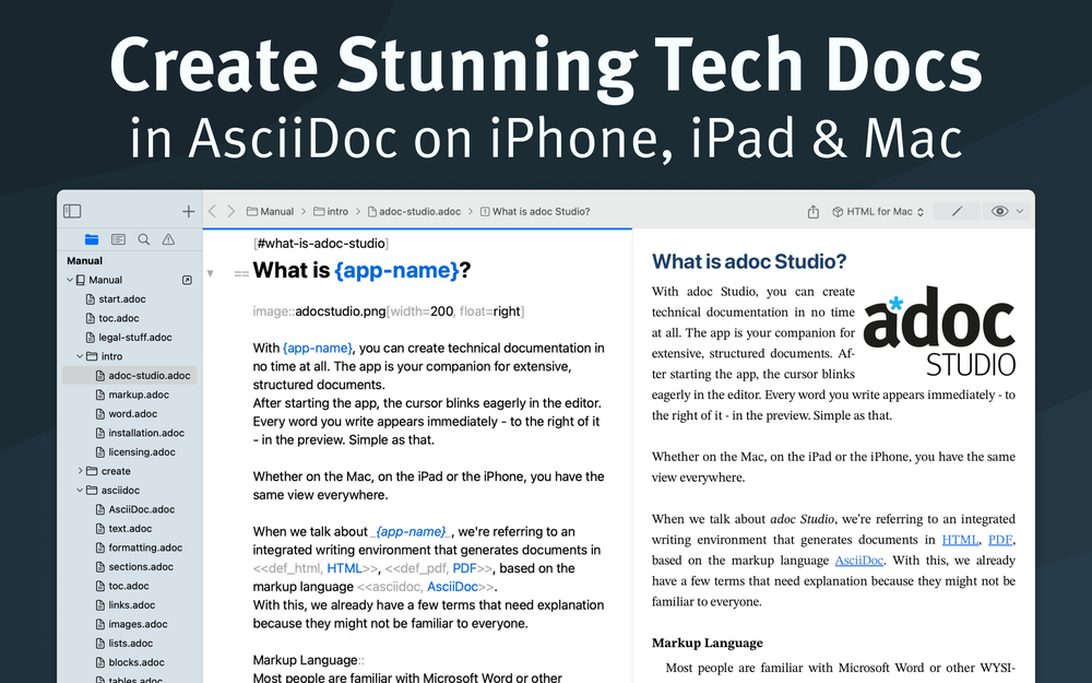 Create Stunning Technical Documents in AsciiDoc on iPhone, iPad and Mac with adoc Studio