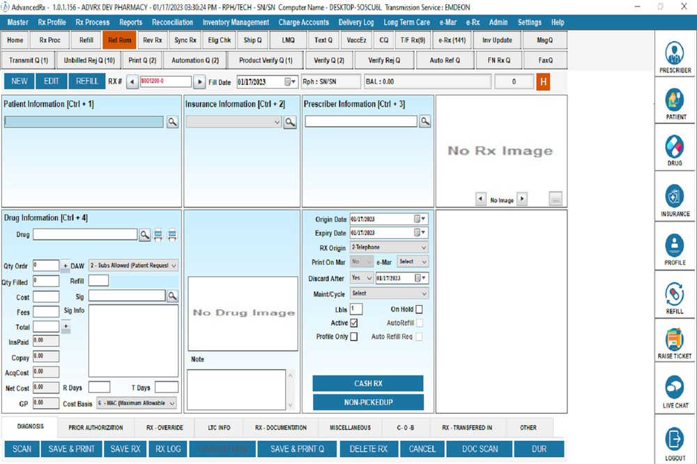 RX Processing Screen