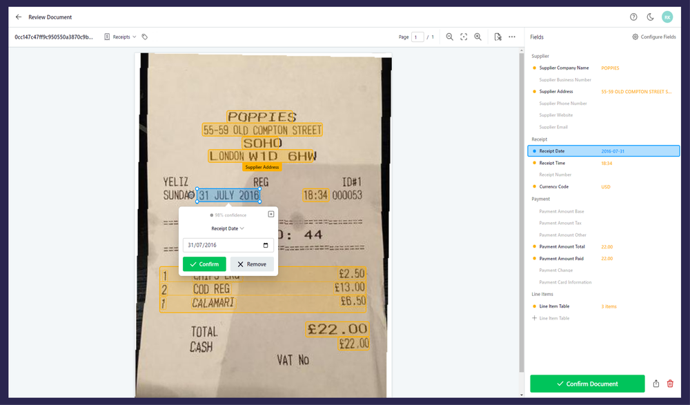 Example of Affinda's AI receipt scanning that understands formatting and layouts it has never been exposed to before.