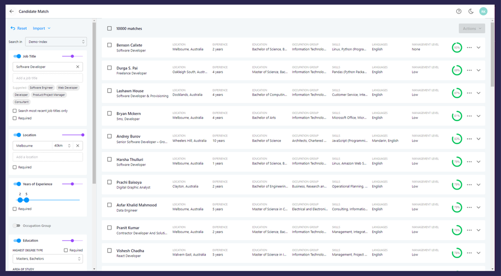 Search within your entire database of Resumes. Filter by Experience, Title, Location, Qualifications and More. Each candidate will receive a score based on the criteria you set.