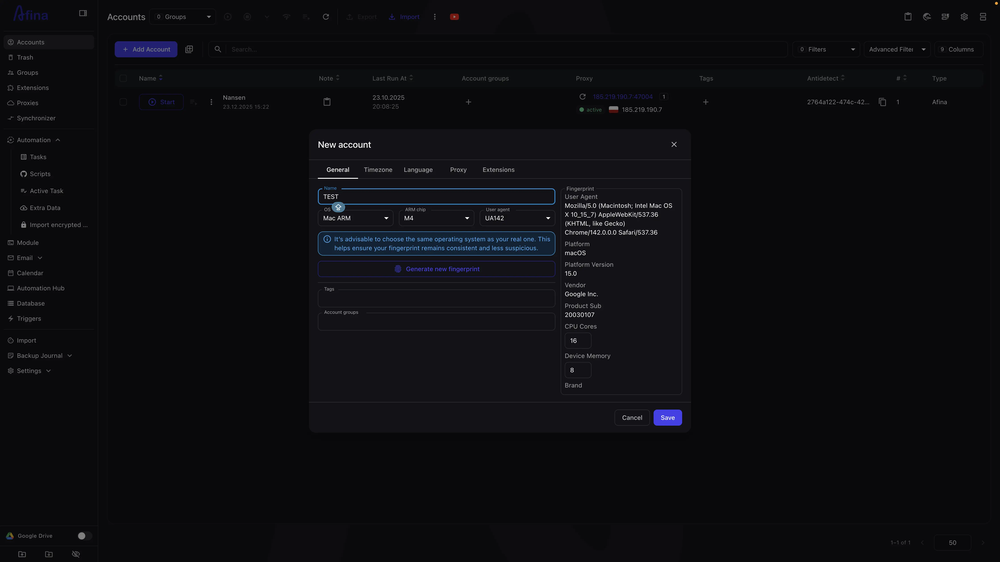 Afina main dashboard with profile management and workspace overview