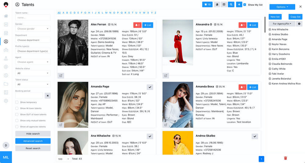 Talents section. Grid view