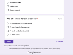 Quiz shared as a google form