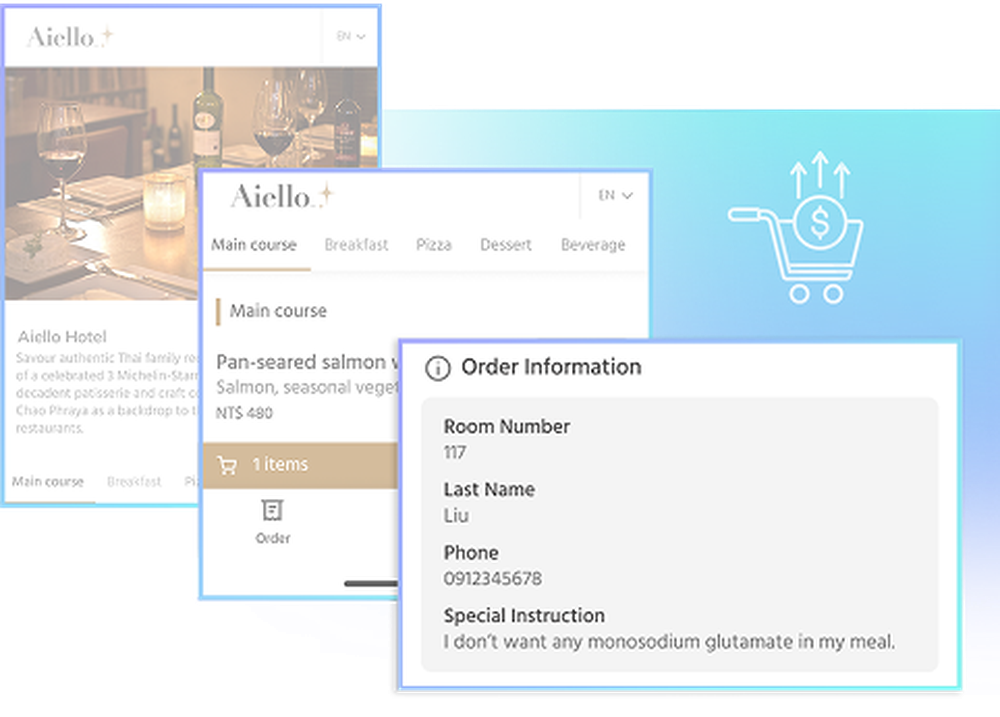 Promote restaurant bookings, in-room dining, spa reservations, and upsell offers directly through GuestWeb. Guests browse and order at their own pace — driving incremental income with minimal staff effort.
