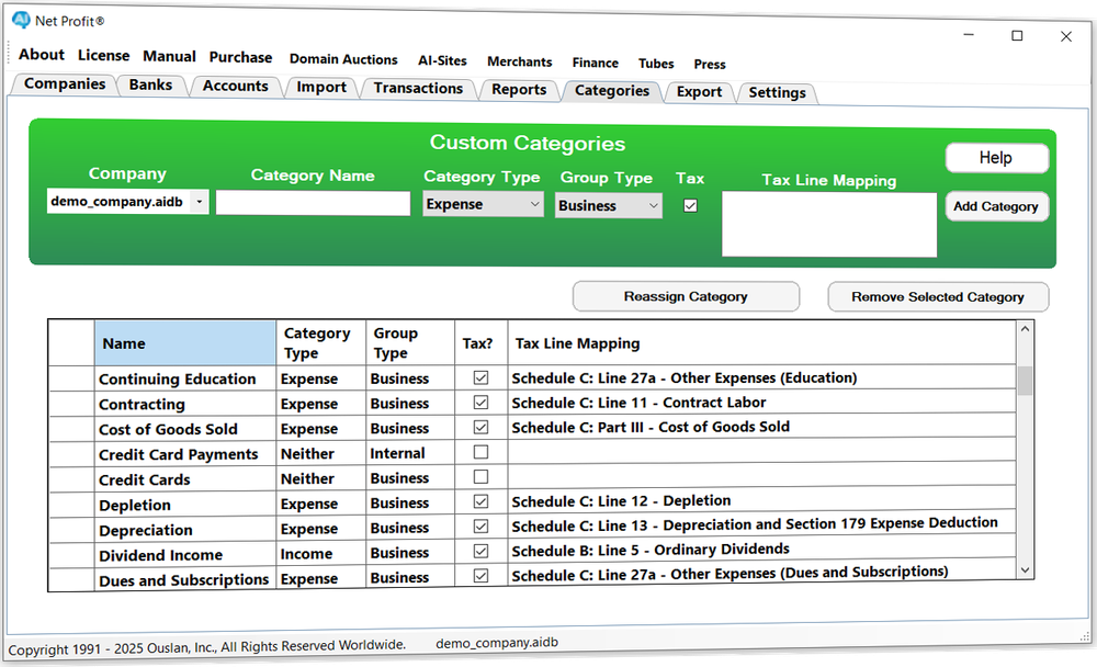 Custom Categories and IRS Tax Line Mapping