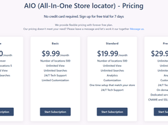 AIO Store Locator- Pricing. Free plan- $0.00/month Basic plan- $9.99/month  Standard plan- $19.99/month Premium plan- $29.99+/month