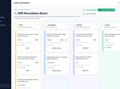 AIVI VDR Kanban Board - Track due diligence remediation tasks and document taxonomy in real-time.