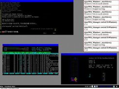 ajaxWM 0.1.1, showing debug window, unicode, htop and tetris