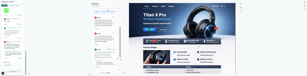 Image review. Clients pin comments directly on the design where the problem is.