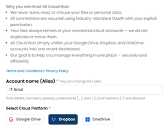 Account Alias field with Dropbox selected