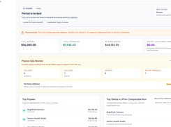 Locked calculation review showing revenue, distributed amount, retained amount, payout controls, excluded payees, top payees, and deltas from the prior run.
