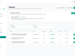 Exports center for payout CSV templates, close packages, payee totals, auditor evidence bundles, reconciliation, and downloadable finance handoff files.