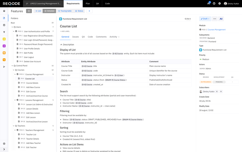 Requirements Detailed View