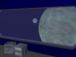 A window with rotating planet and moon visible