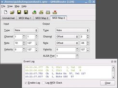 QMidiRoute 0.3.0 with example file loaded, event log shown