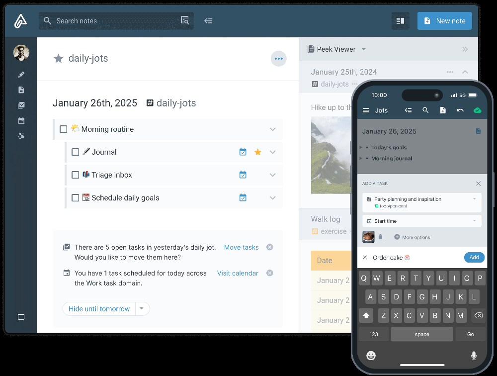 Capture your ideas using Jots Mode!    Use Jots mode as your Daily Note and quickly capture your ideas into a centralized, distraction-free place.