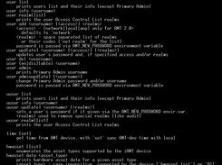 Commands: user, uuser, time, hwasset. Detailed help