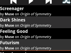 Controls and current playlist on one screen. Playlist can be rearranged with a 2 finger move. Includes functions for shuffle, repeat, and sort.