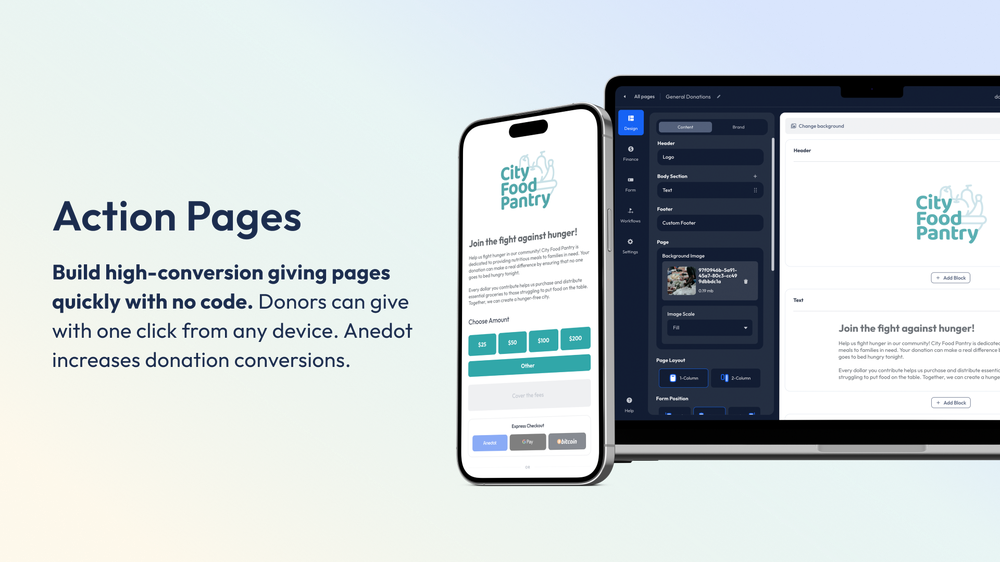 Build high-conversion giving pages quickly with no code. Donors can give with one click from any device. Anedot increases donation conversions.