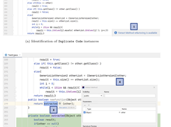 AntiCopyPaster in action showing the identified Duplicated Code and the recommended Extract Method refactoring.