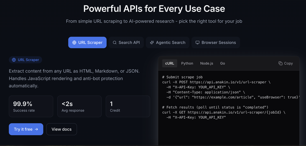 Extract structured data from any website with a single API call. We handle JavaScript, anti-bot systems, and proxy rotation - so you don't have to.