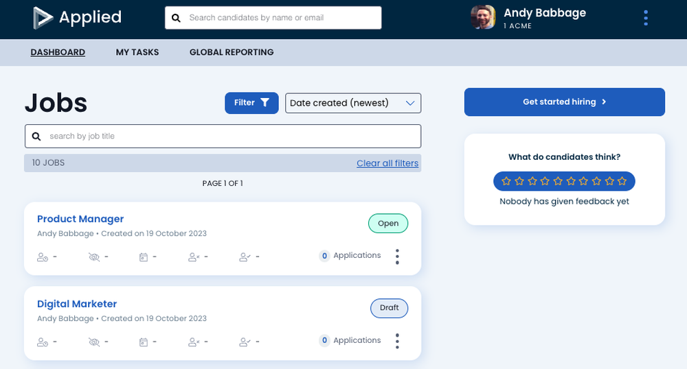 Manage all of your roles in one place. At a glance, see applicant volumes and candidate feedback.