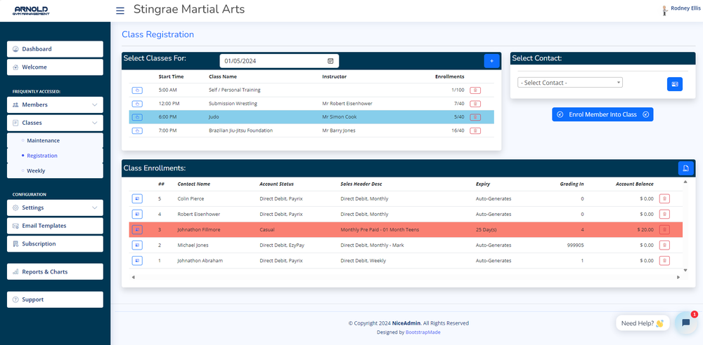 Class Registration Page - can you spot who owes fees?