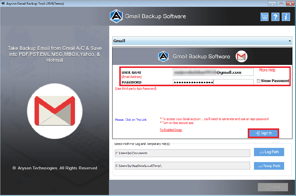 Aryson Gmail Backup Tool Screenshot 1