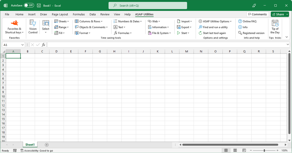 Excel with ASAP Utilities in its menu