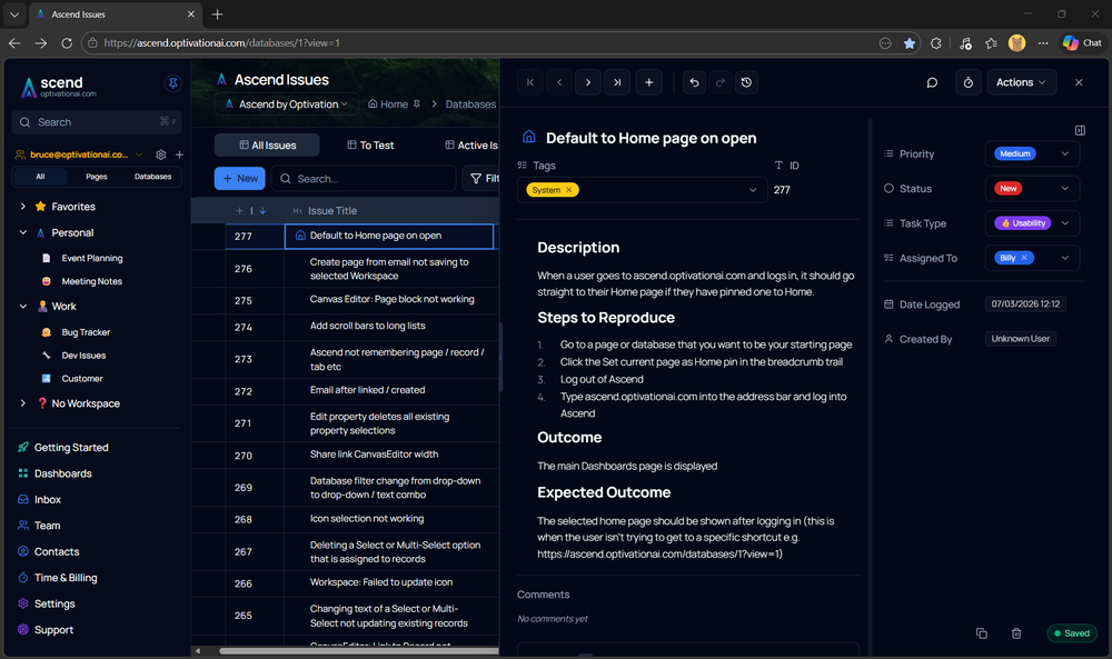 Ascend is an all-in-one "inbox to invoice" workspace for agencies and freelancers. This overview shows an issue database with a record open in the detail panel — full description, steps to reproduce, and a Priority/Status/Assignee sidebar — alongside the left-hand navigation for Inbox, Databases, Pages, Time & Billing and more.