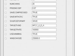 A HTK configuration dialog page, showing default values.