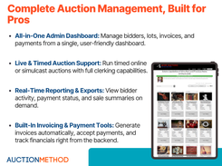 Easily handle every part of your auction lifecycle. AuctionMethod lets you manage bidders, track lots, send invoices, and view reports in one place. Admin tools, role-based access, and live syncing keep your team moving without needing extra staff or workarounds.