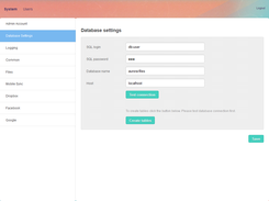 Aurora Files - Admin panel: database settings
