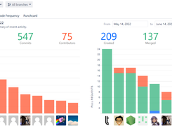 The Activity tab includes Commits Chart and Pull Requests Chart with top contributors. As well as the activity stream that displays all commits and pull requests of the selected time span.