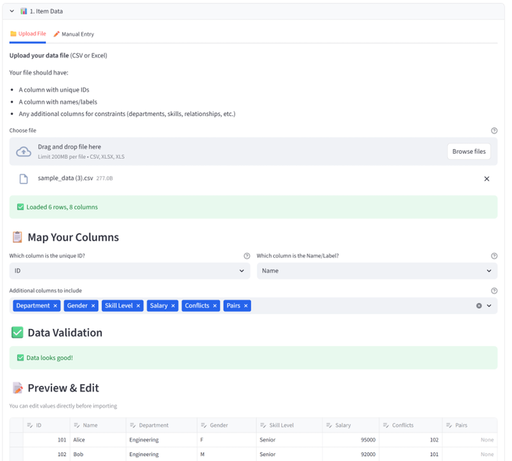 Upload your data via CSV, Excel, or direct entry