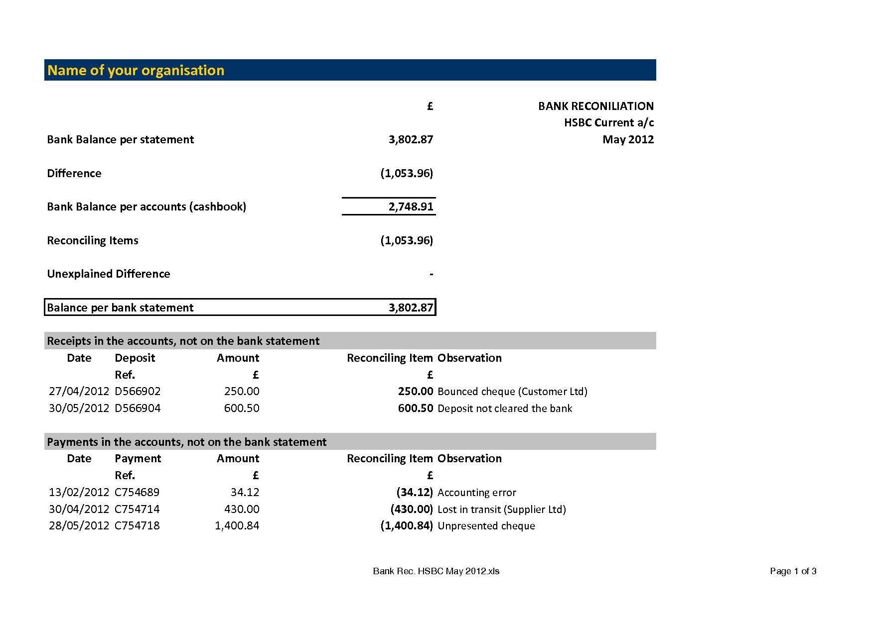 bank reconciliation form