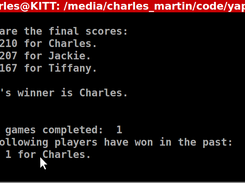 End of the game.  Final scores, winner, and all-time winners list is shown.