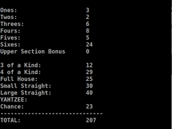 Score card for a player.  Displays score for each category, rounds completed, and total score..