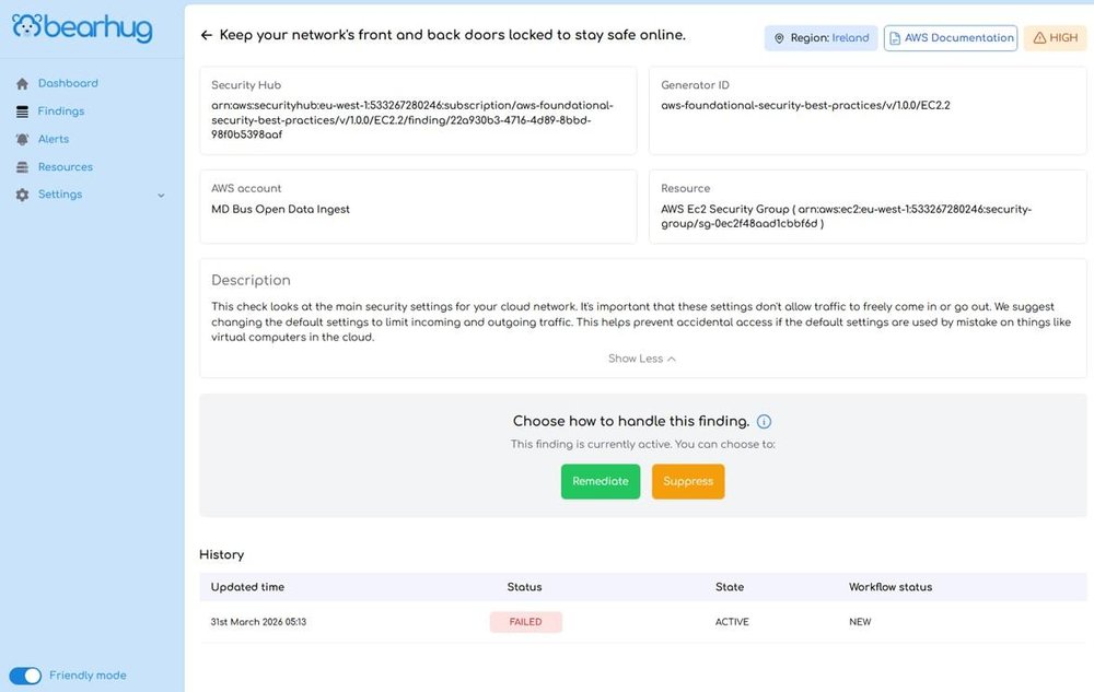 Screenshot of a finding presented in ‘Friendly mode’ explained in a non technical user friendly manner