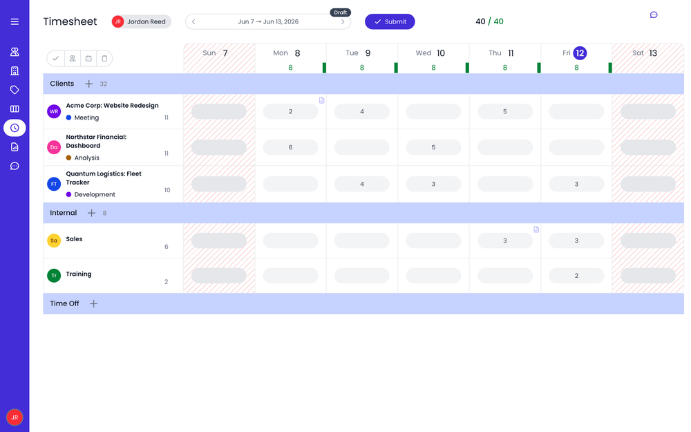 Timesheet view in Beebole